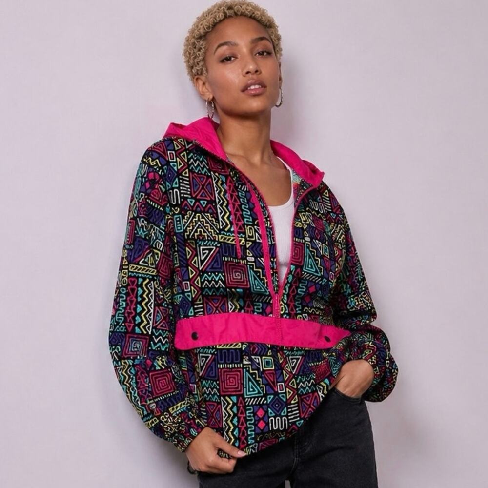 Black Jack 1999 USA Neon Geometric Hooded Windbreaker Jacket Medium